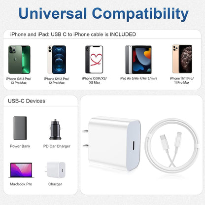 Cargador de iPhone de carga rápida, paquete de 2 bloques de carga de pared tipo C con 2 unidades [6 pies y 10 pies] cable USB C a Lightning para iPhone 14/13/12/12 Pro Max/11/Xs Max/XR/X