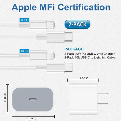 Cargador de iPhone de carga rápida, paquete de 2 bloques de carga de pared tipo C con 2 unidades [6 pies y 10 pies] cable USB C a Lightning para iPhone 14/13/12/12 Pro Max/11/Xs Max/XR/X